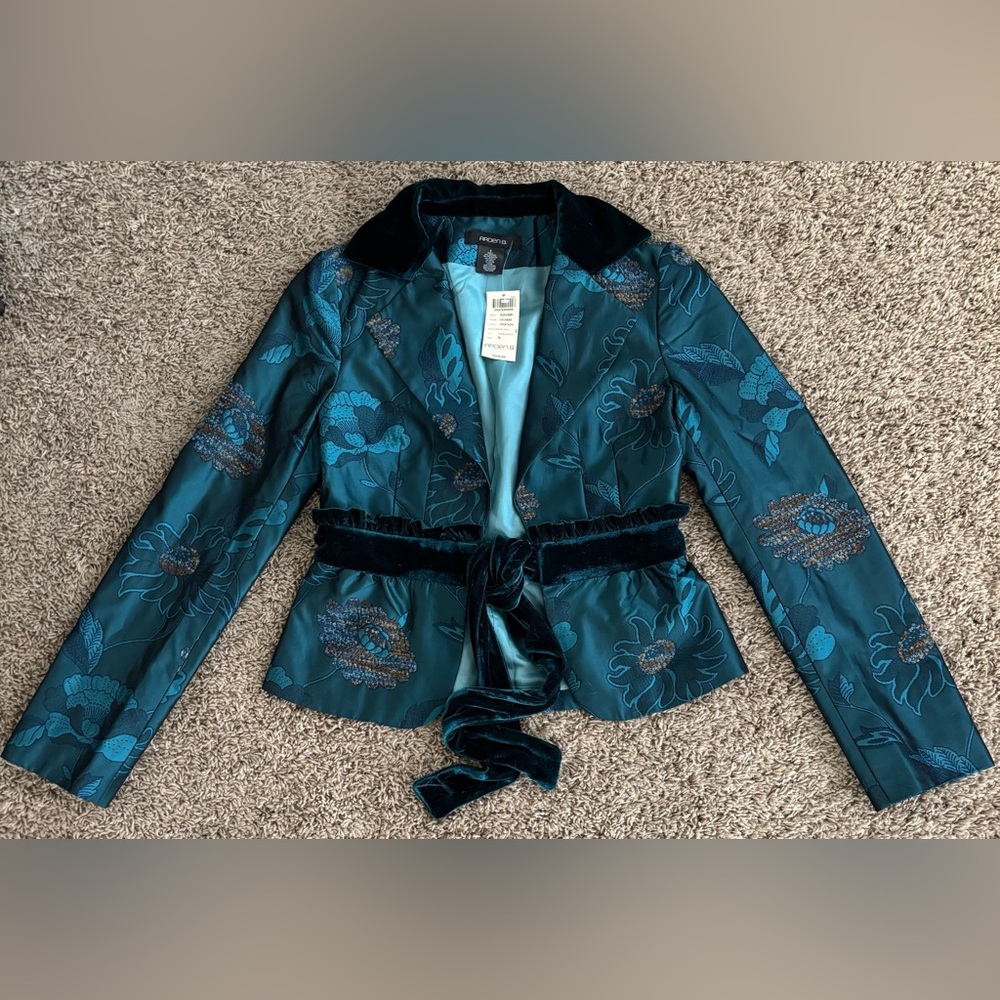 NEW With Tags Arden B Small Teal Satin & Velvet Smoking Jacket Blazer Floral